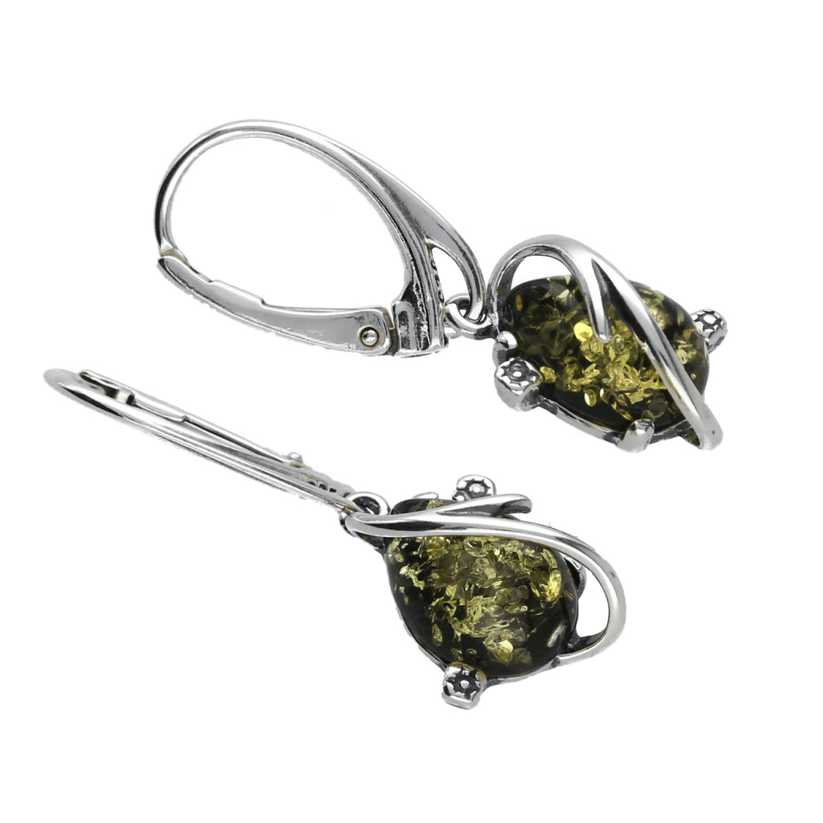 Amber Sterling Silver Earrings - Butterfly Back Art Deco Green Amber Fancy Dangly Drop Earrings for Women - 925 Sterling Silver. 070321