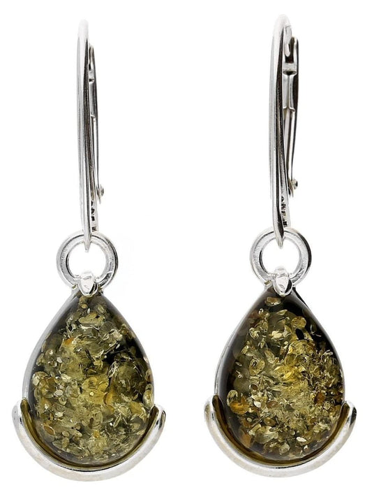 Pear/Teardrop Cut Baltic Amber Lever Back 925 Sterling Silver Earrings for Women/Ladies/Gi ##green