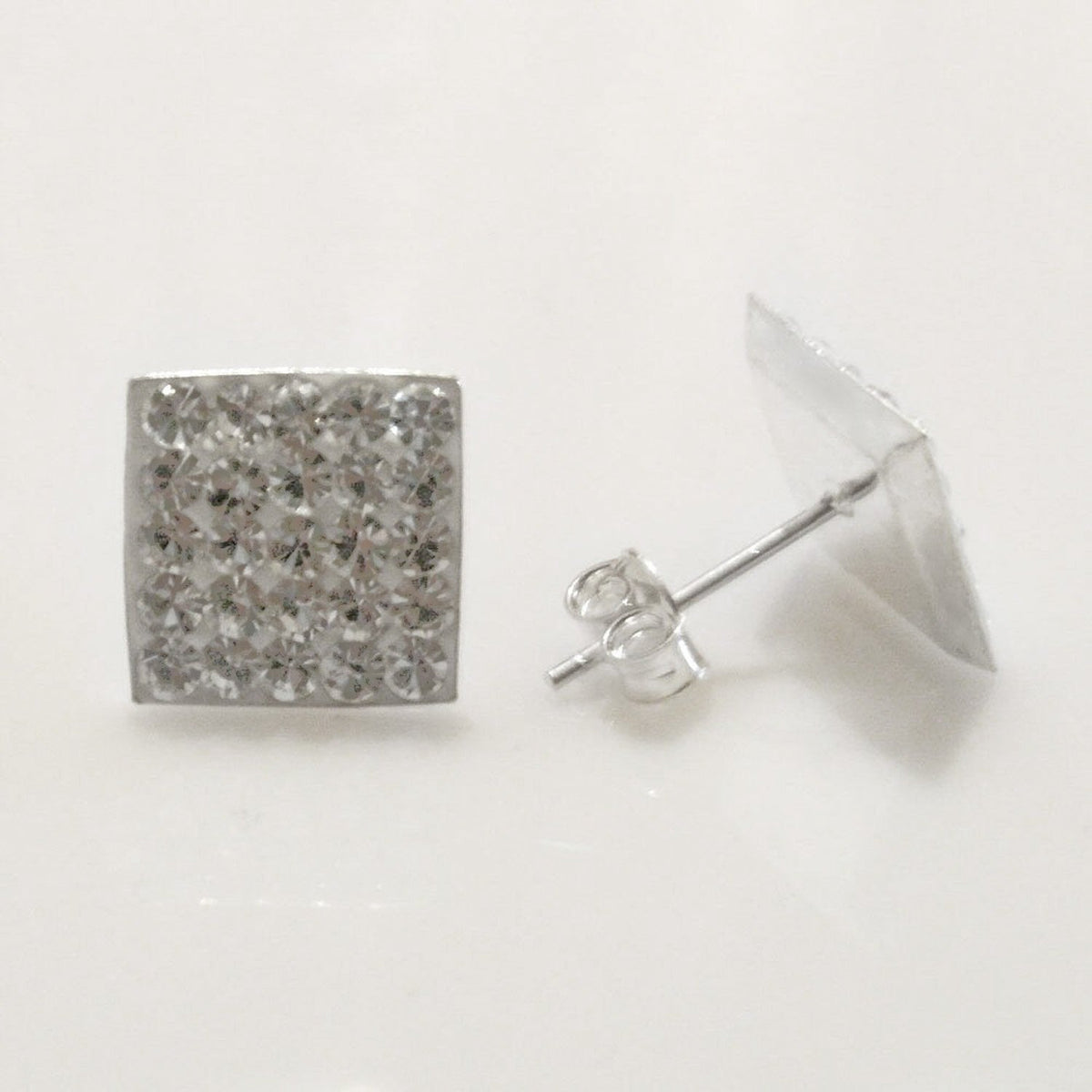10MM Bling MENS LARGE Square Micro Pave Austrian Crystal Sterling Silver Stud Earrings - White/Clear