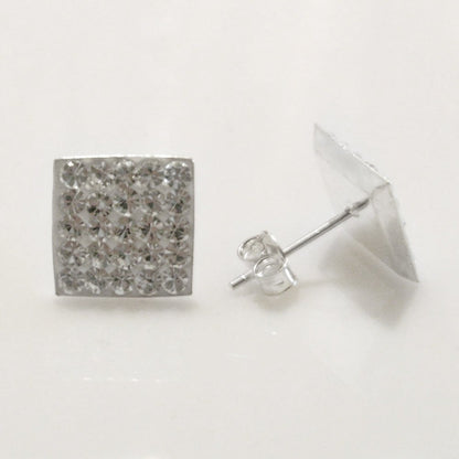 10MM Bling MENS LARGE Square Micro Pave Austrian Crystal Sterling Silver Stud Earrings - White/Clear