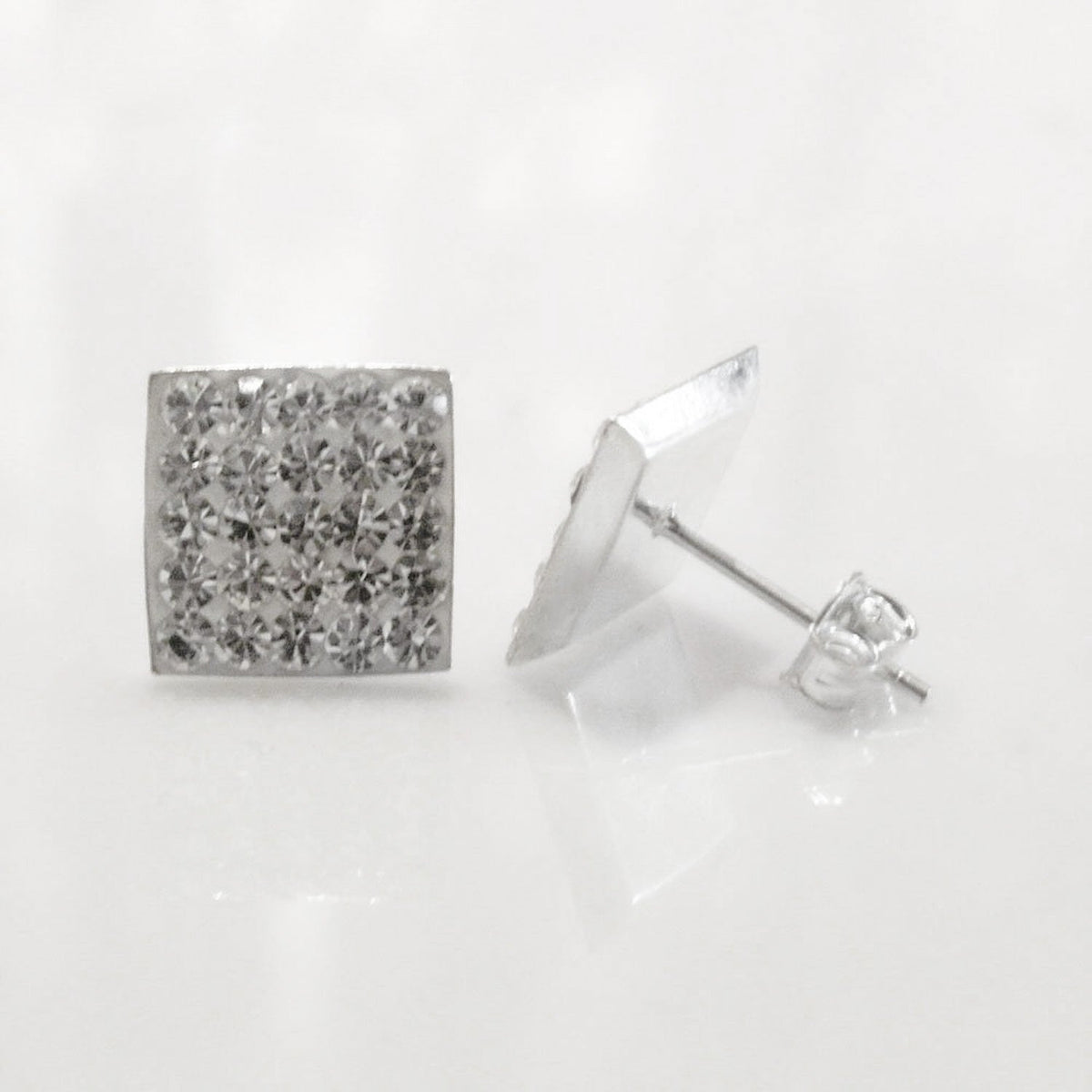 10MM Bling MENS LARGE Square Micro Pave Austrian Crystal Sterling Silver Stud Earrings - White/Clear