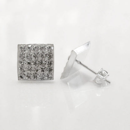 10MM Bling MENS LARGE Square Micro Pave Austrian Crystal Sterling Silver Stud Earrings - White/Clear