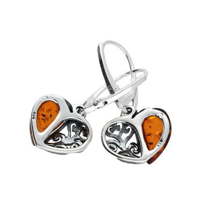 Filigree Heart Baltic Orange Amber Lever Back 925 Sterling Silver Earrings for Women/Ladies/Girls - Fancy Heart Amber Dangly/Dangle Drop Earrings - Amber Jewellery for Women. 070125C