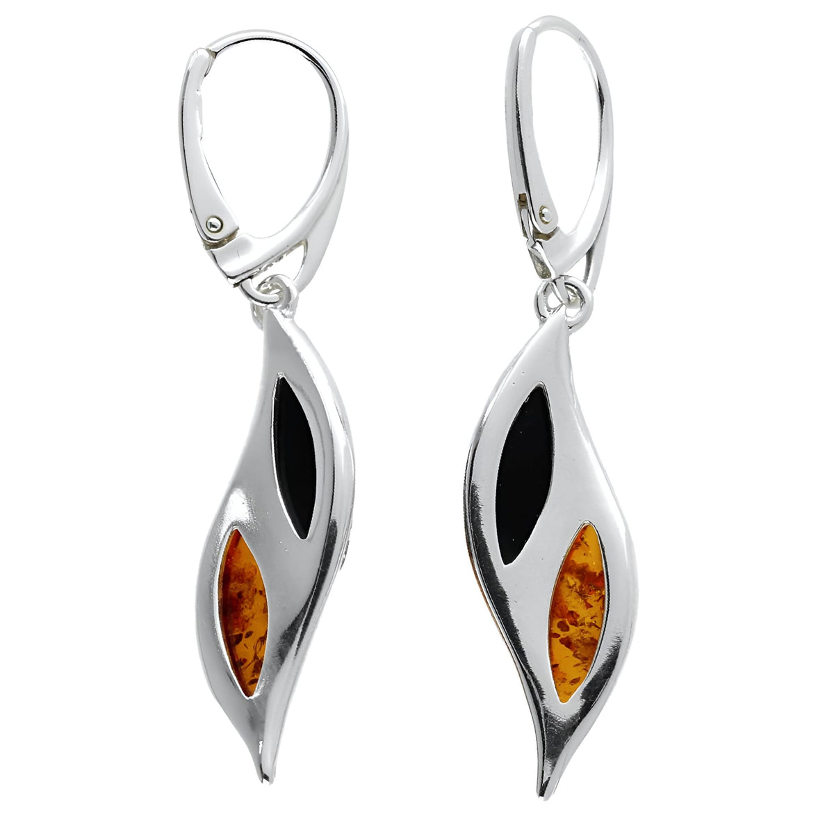 Amber Sterling Silver Earrings - Unusual Mixed Orange Yellow & Green Amber Fancy Dangly Drop. 070029