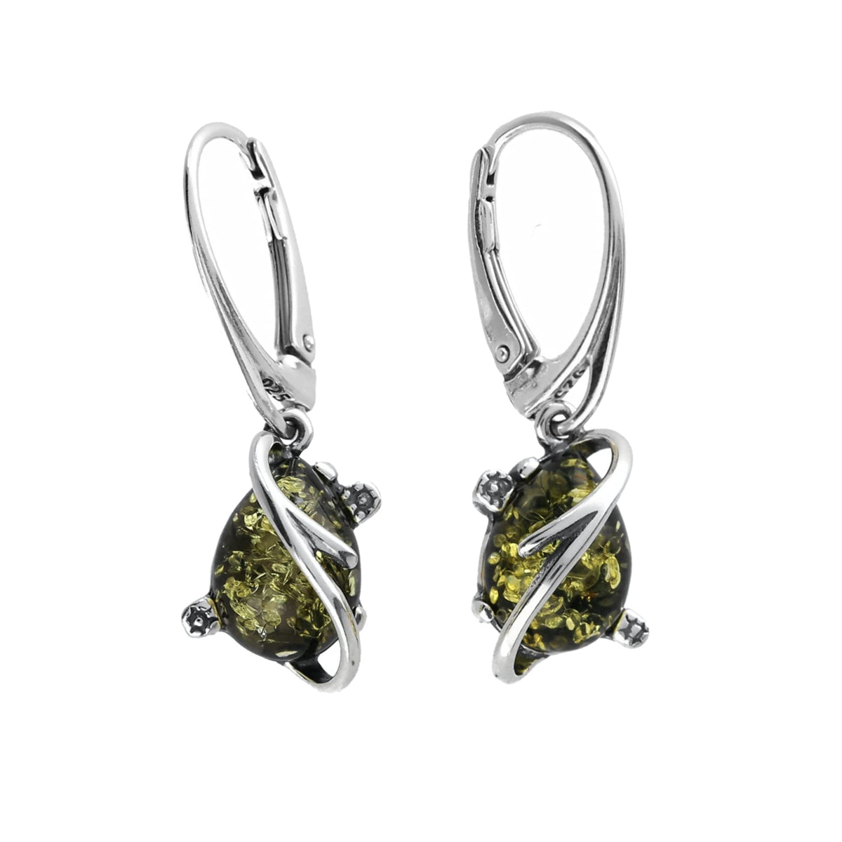 Amber Sterling Silver Earrings - Butterfly Back Art Deco Green Amber Fancy Dangly Drop Earrings for Women - 925 Sterling Silver. 070321
