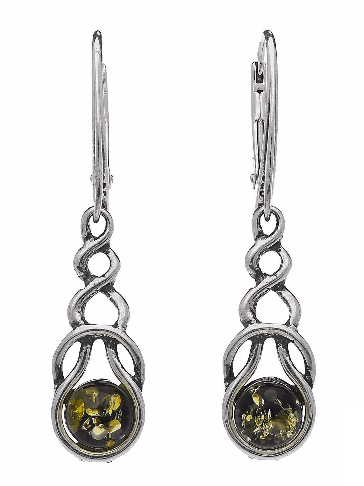 Looped Celtic Knot Baltic Green/Orange Amber 925 Sterling Silver Earrings - Long Celtic To 