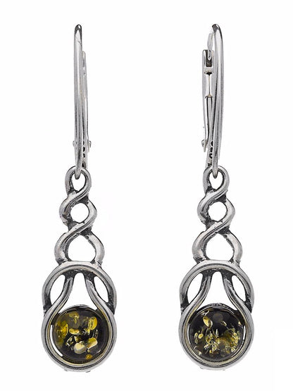 Looped Celtic Knot Baltic Green/Orange Amber 925 Sterling Silver Earrings - Long Celtic To 