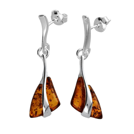 Cognac Amber Sterling Silver Earrings - Unusual Art Deco Amber Fancy Dangly/Dangle Drop for Women/Teenage/Girls - 925 Sterling Silver. 080432