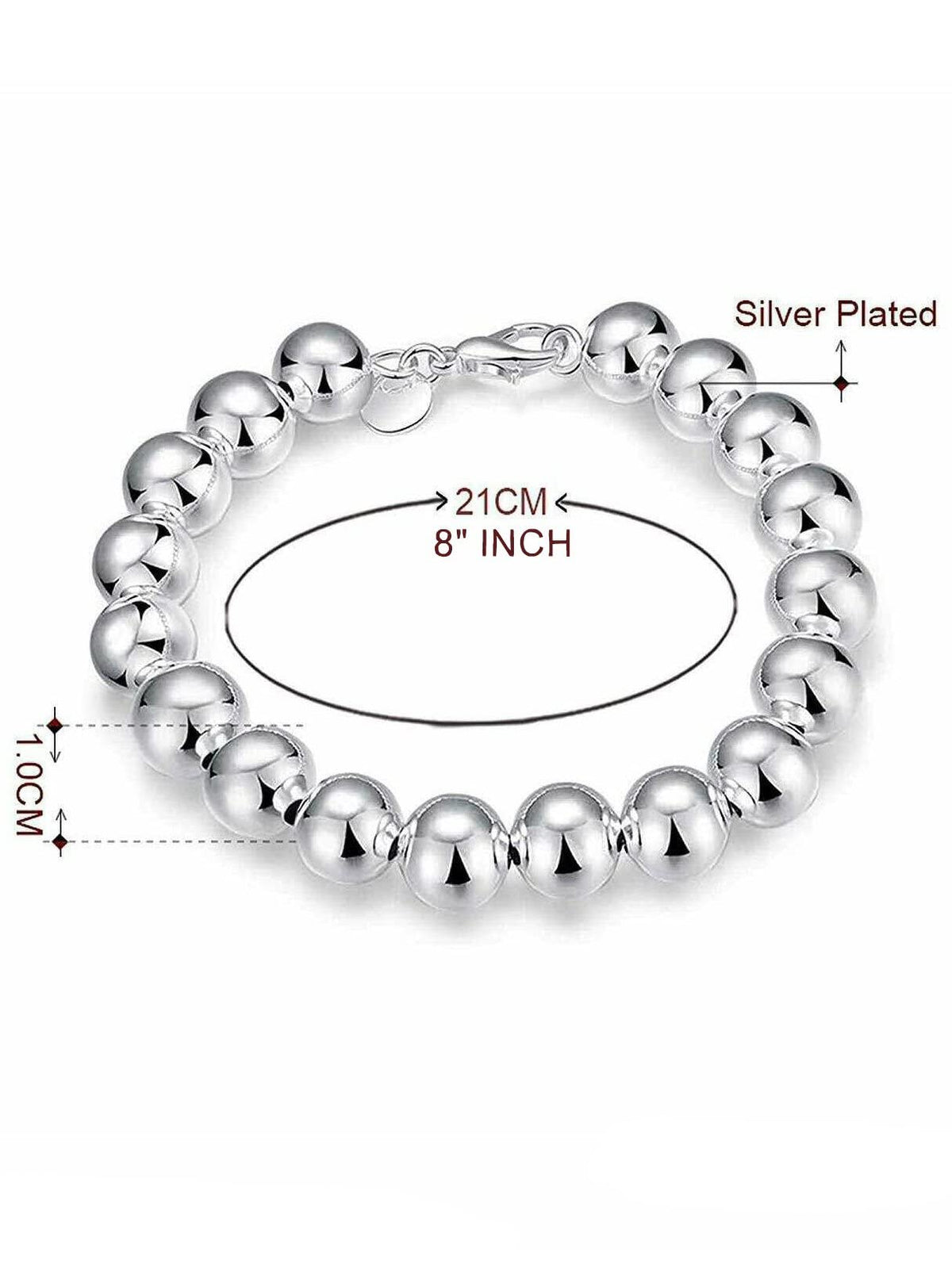 8MM 10MM Bead/Ball Bracelet for Women/Ladies/Girls - 925 Sterling Silver Plated - 7.5" Inc 