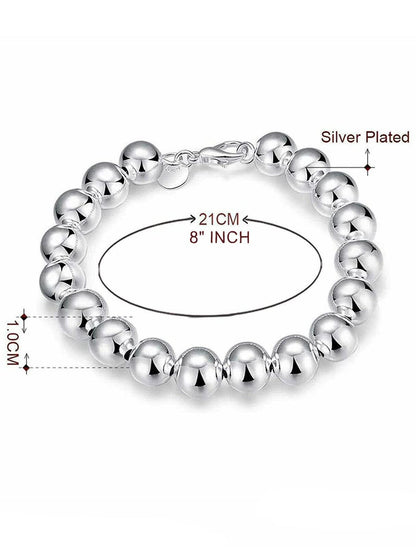 8MM 10MM Bead/Ball Bracelet for Women/Ladies/Girls - 925 Sterling Silver Plated - 7.5" Inc 