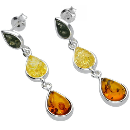 Amber Sterling Silver Earrings - Unusual Long Mixed Orange Yellow & Green Amber Fancy Dangly Drop 070405