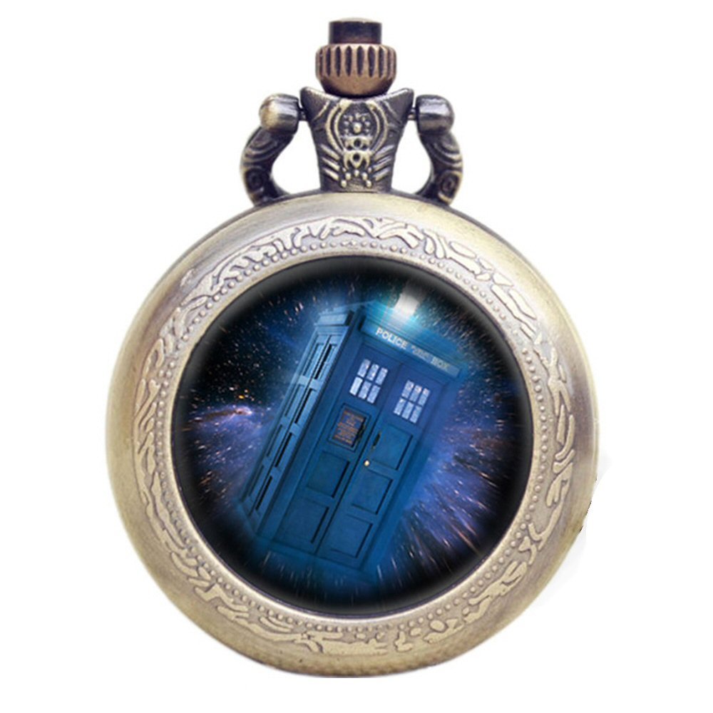 DR WHO Blue Tardis in Space Bronze Effect Retro/Vintage Case Full Hunter Mens/Boys Quartz Pocket Watch Necklace - On 32" Inch / 80cm Chain