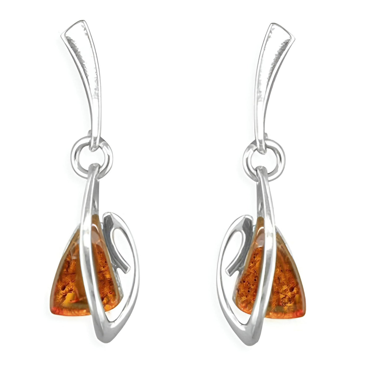 Amber Sterling Silver Earrings - Unusual Art Deco Amber Fancy Dangly Drop Earrings for Women - 925 Sterling Silver. 080417