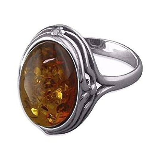 Fancy-Edged Oval Cognac Amber Ring - 925 Sterling Silver – Orange Brown Amber Jewellery – Sizes M-R Available