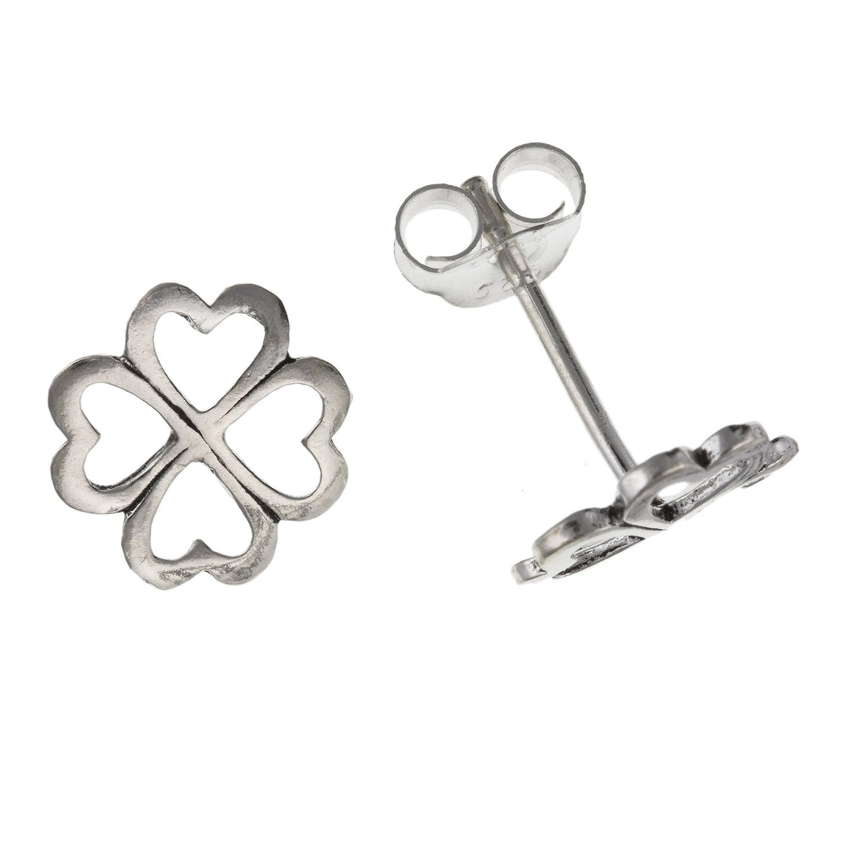 9MM Lucky 4-Leaf Clover/Shamrock Heart Stud Earrings/Pair of Ear Studs - 925 Sterling Silver - Womens/Girls/Kids/Childs/Childrens Earrings for Children
