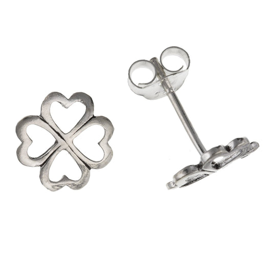 9MM Lucky 4-Leaf Clover/Shamrock Heart Stud Earrings/Pair of Ear Studs - 925 Sterling Silver - Womens/Girls/Kids/Childs/Childrens Earrings for Children