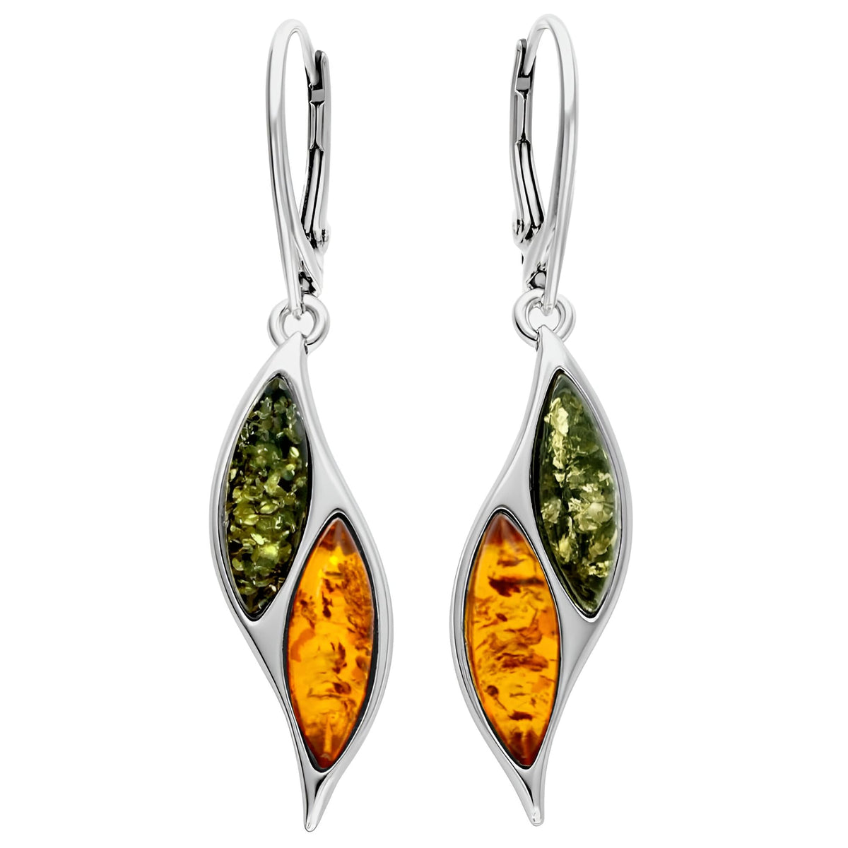 Amber Sterling Silver Earrings - Unusual Mixed Orange Yellow & Green Amber Fancy Dangly Drop. 070029
