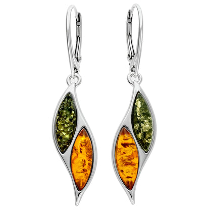 Amber Sterling Silver Earrings - Unusual Mixed Orange Yellow & Green Amber Fancy Dangly Drop. 070029