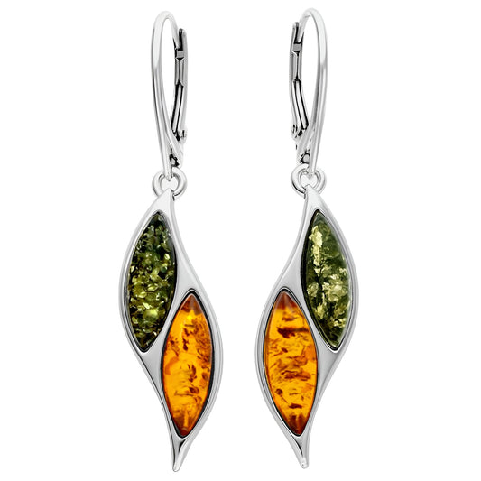 Amber Sterling Silver Earrings - Unusual Mixed Orange Yellow & Green Amber Fancy Dangly Drop. 070029