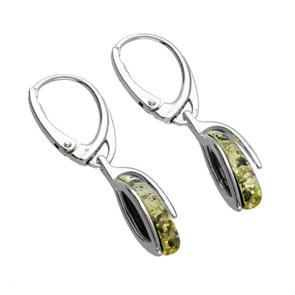 Amber Sterling Silver Earrings - Leaf Design Green Amber Fancy Dangly Drop - for Amber Jewellery Lovers 070174