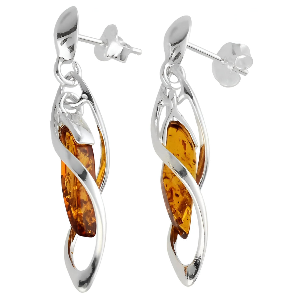 Cognac Amber In Twisted Helix Art Deco Fancy Dangly/Dangle Drop Silver Earrings for Women/Teenage/Girls - 925 Sterling Silver - 7mm W X 37mm H - Weight: 3.0 Grams. 080434
