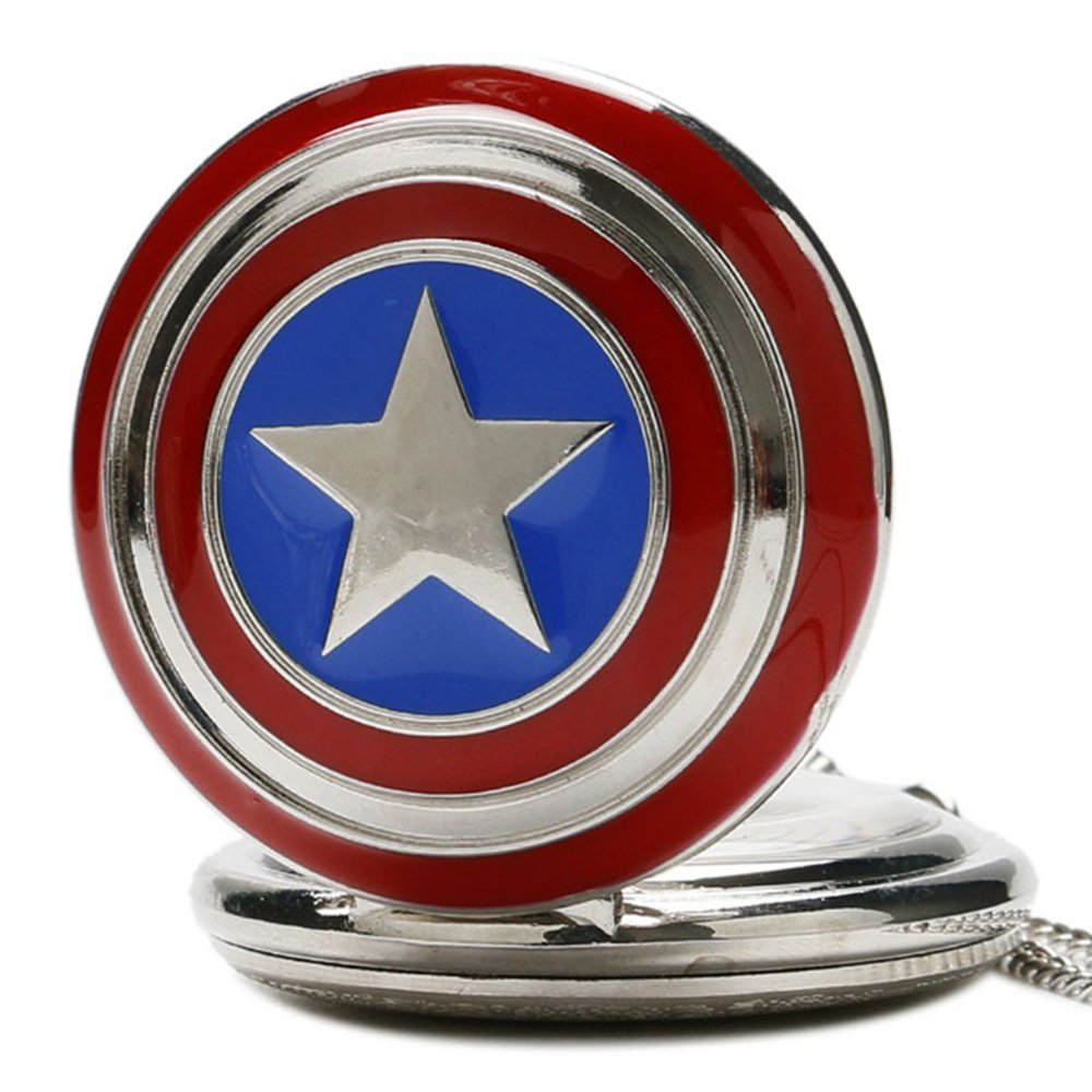 Captain America Shield Polished Silver Finish Retro/Vintage Case Men's Quartz Pocket Watch Necklace - On 32" Inch / 80cm Chain
