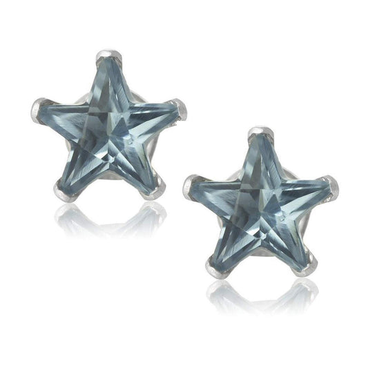 4MM Star Cut CZ Birthstone Stud Earrings/Ear Studs for Women - 925 Sterling Silver ##03-march-aquamarine-blue