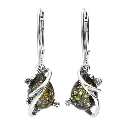 Amber Sterling Silver Earrings - Butterfly Back Art Deco Green Amber Fancy Dangly Drop Earrings for Women - 925 Sterling Silver. 070321