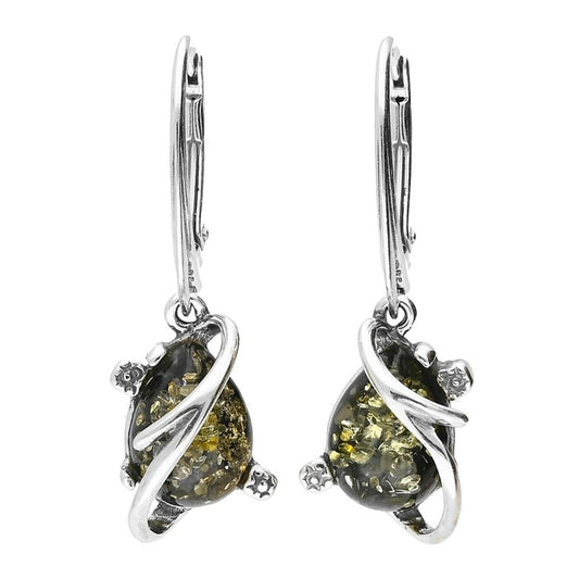 Amber Sterling Silver Earrings - Butterfly Back Art Deco Green Amber Fancy Dangly Drop Earrings for Women - 925 Sterling Silver. 070321