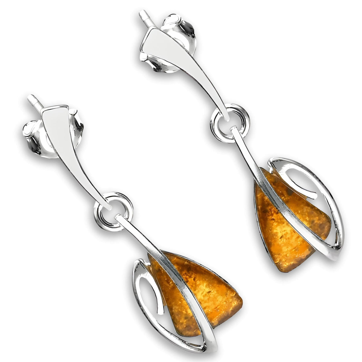Amber Sterling Silver Earrings - Unusual Art Deco Amber Fancy Dangly Drop Earrings for Women - 925 Sterling Silver. 080417