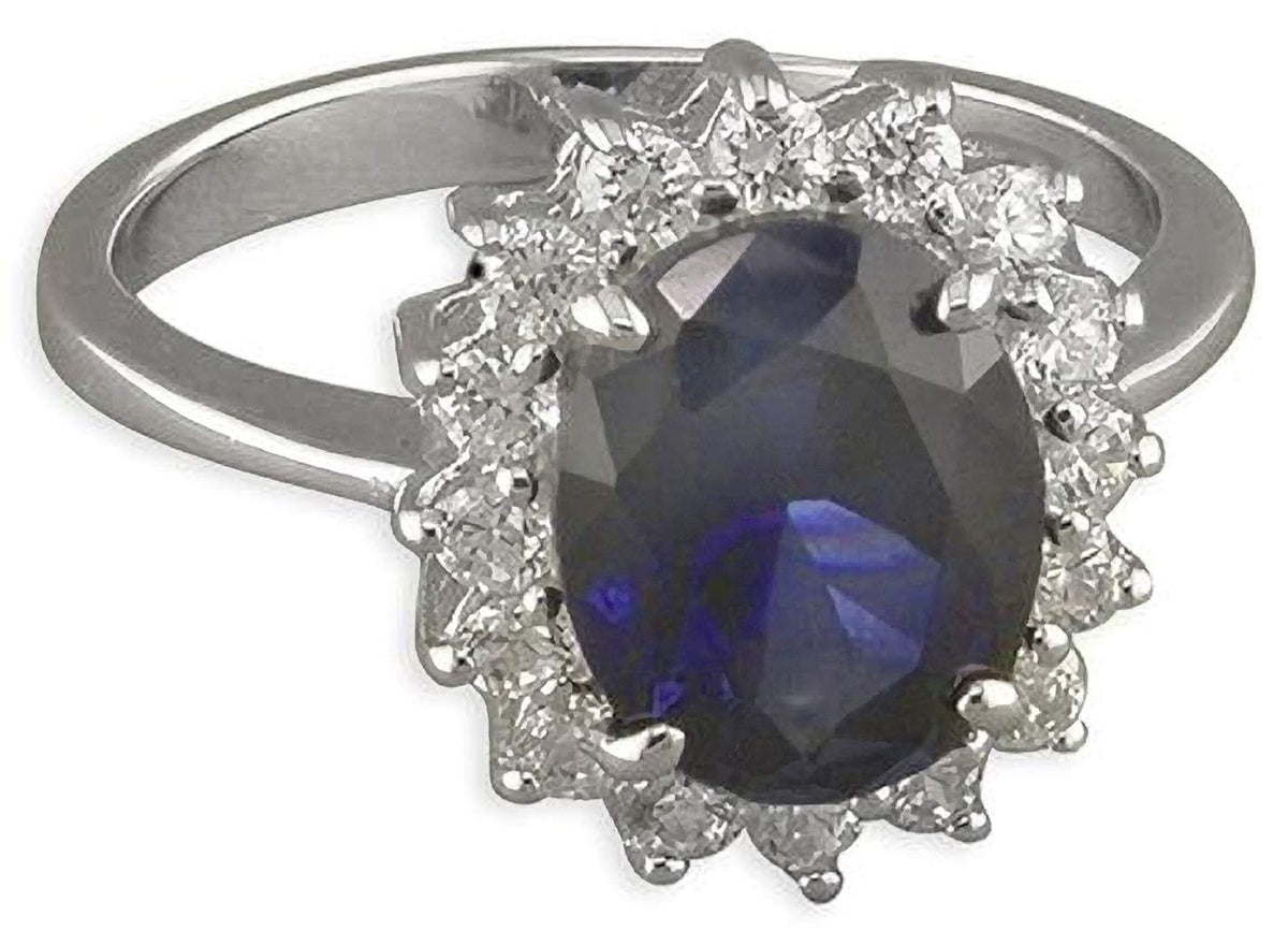 Womens Sterling Silver Blue Synthetic Sapphire & White Cubic Zirconia (CZ) Oval Cluster Engagement Ring - MEDIUM Replica Kate Middleton/Princess Diana Ring/The Royal Ring. Available in Sizes: L-S