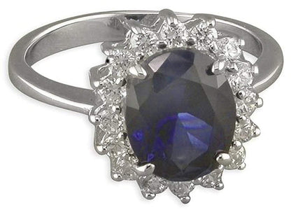 Womens Sterling Silver Blue Synthetic Sapphire & White Cubic Zirconia (CZ) Oval Cluster Engagement Ring - MEDIUM Replica Kate Middleton/Princess Diana Ring/The Royal Ring. Available in Sizes: L-S