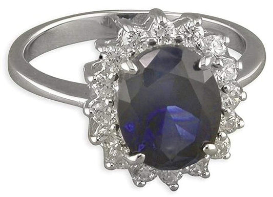 Womens Sterling Silver Blue Synthetic Sapphire & White Cubic Zirconia (CZ) Oval Cluster Engagement Ring - MEDIUM Replica Kate Middleton/Princess Diana Ring/The Royal Ring. Available in Sizes: L-S
