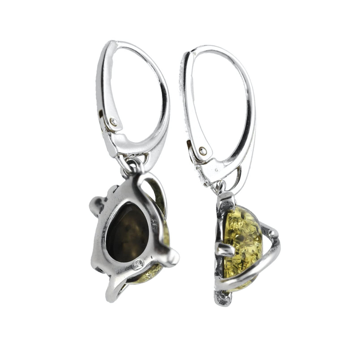 Amber Sterling Silver Earrings - Butterfly Back Art Deco Green Amber Fancy Dangly Drop Earrings for Women - 925 Sterling Silver. 070321