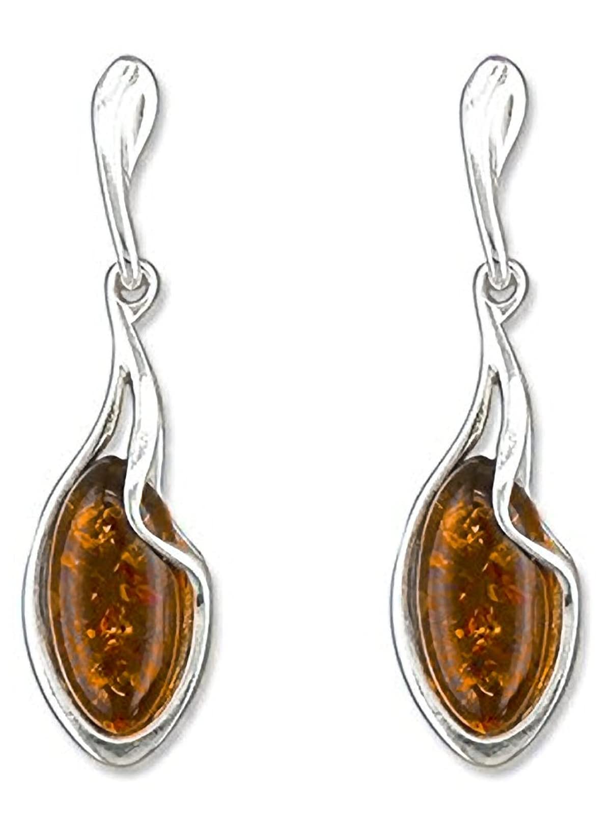 Sterling Silver Teardrop Baltic Honey Dangly/Dangle Drop Amber Earrings for Women/Ladies/Girls - 925 Sterling Silver - Unusual Fancy Cognac Amber Jewellery. 080436