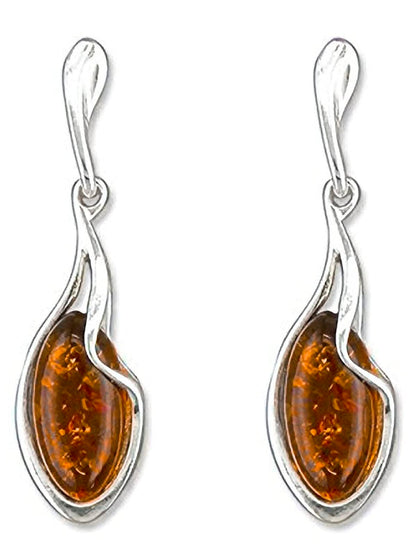 Sterling Silver Teardrop Baltic Honey Dangly/Dangle Drop Amber Earrings for Women/Ladies/Girls - 925 Sterling Silver - Unusual Fancy Cognac Amber Jewellery. 080436