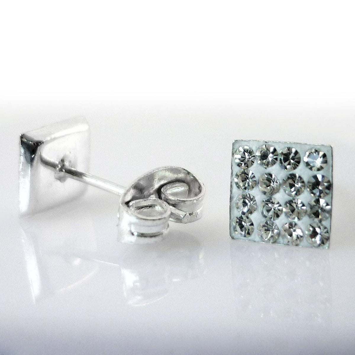 6MM Bling LADIES Square Micro Pave Austrian Crystal Sterling Silver Stud Earrings/Ear Studs for Women/Teenage/Girls - 925 Sterling Silver - White/Clear