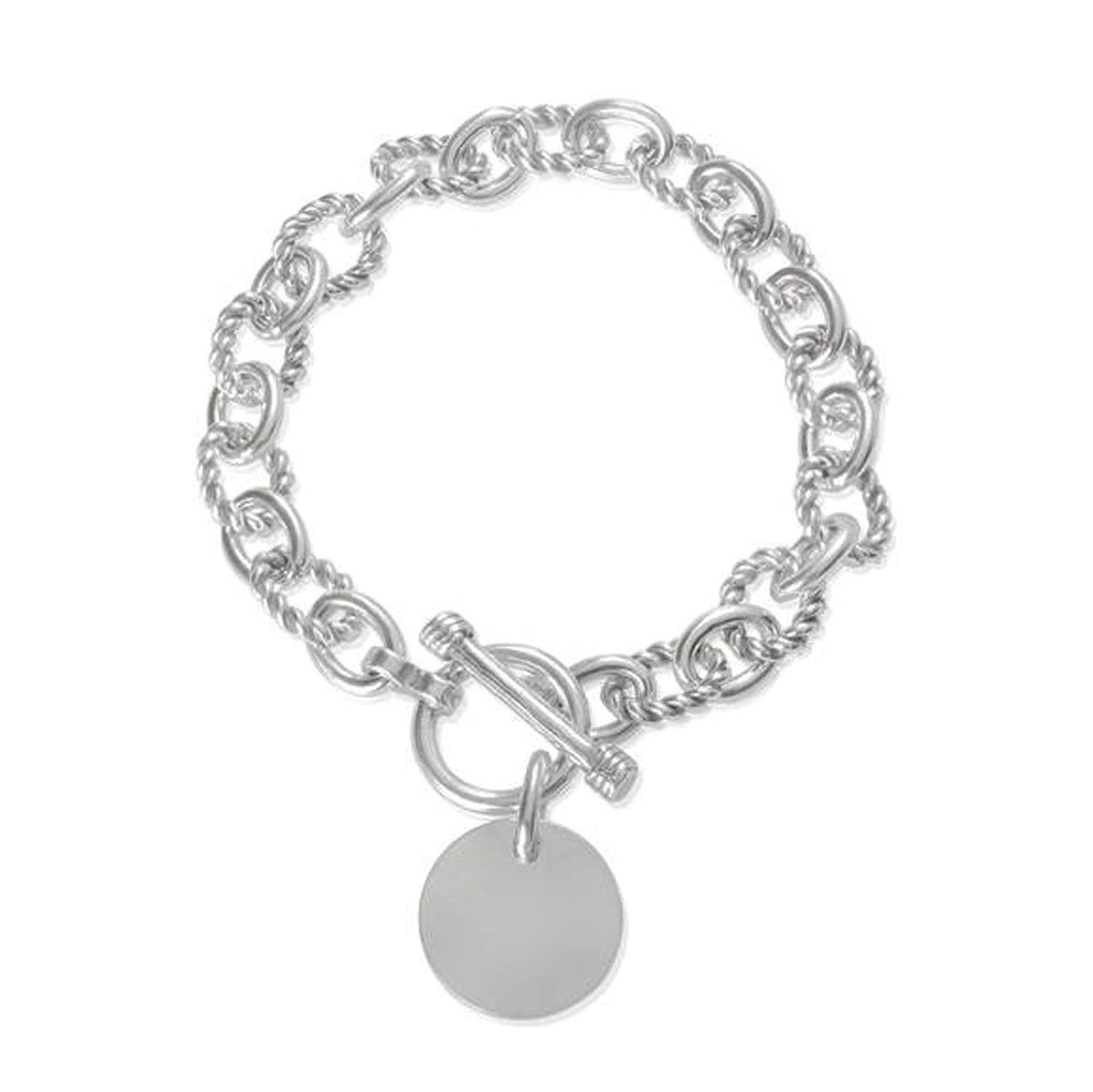 Alternating Twist (Small) Link & Oval Cable Link Bracelet With Silver Charm Tag & Toggle C 