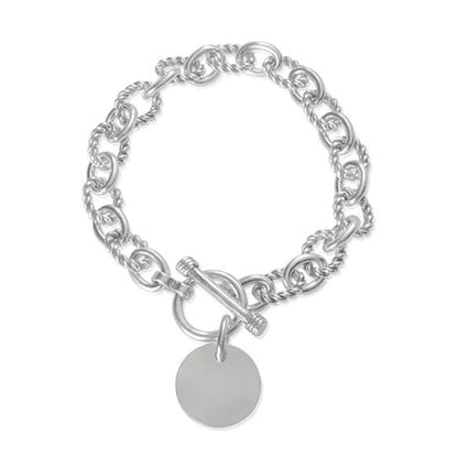 Alternating Twist (Small) Link & Oval Cable Link Bracelet With Silver Charm Tag & Toggle C 