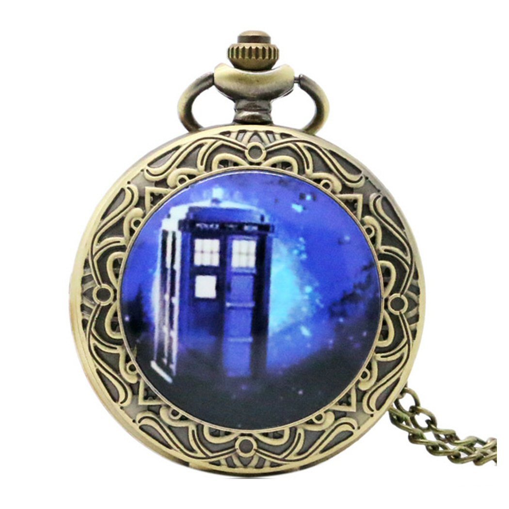 DR WHO Blue Tardis Bronze Effect Retro/Vintage Case Full Hunter Mens/Boys Quartz Pocket Watch Necklace - On 32" Inch / 80cm Chain