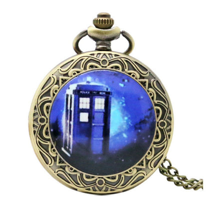 DR WHO Blue Tardis Bronze Effect Retro/Vintage Case Full Hunter Mens/Boys Quartz Pocket Watch Necklace - On 32" Inch / 80cm Chain