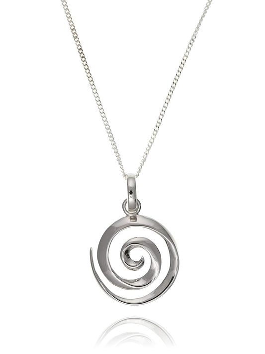 18MM Polished Plain Round SPIRAL Pendant Necklace On 16" Inch Curb Chain for Women Ladies Girls - 925 Sterling Silver