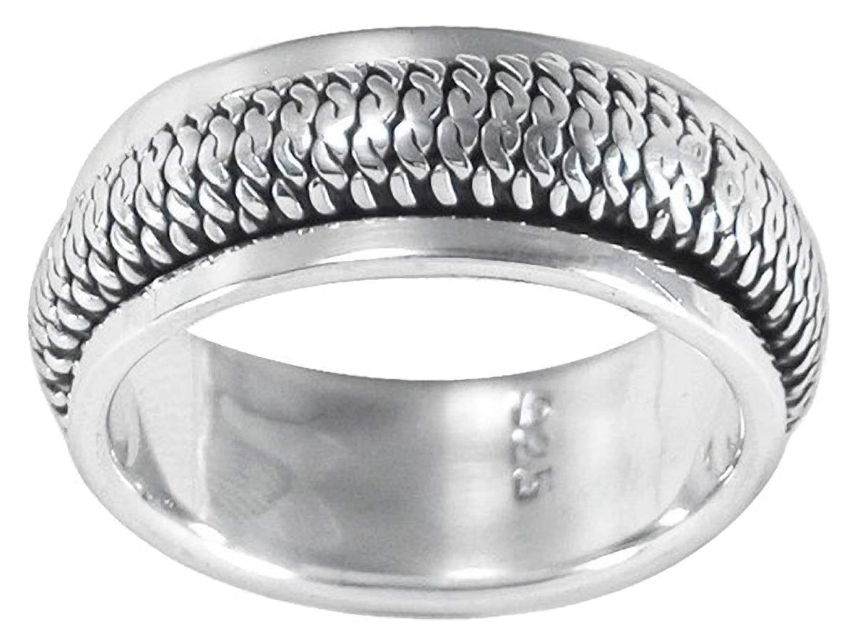 MENS 8MM Wide Vertical Rope Braid Sterling Silver Spinner/Spinning/Spin Band Ring - 925 Sterling Silver - Meditation Worry Stress Ring - Available in Sizes: R - Z+1