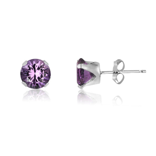 7MM Classic Brilliant Round Cut Cubic Zirconia (CZ) Sterling Silver Solitaire Stud Earring ##amethyst