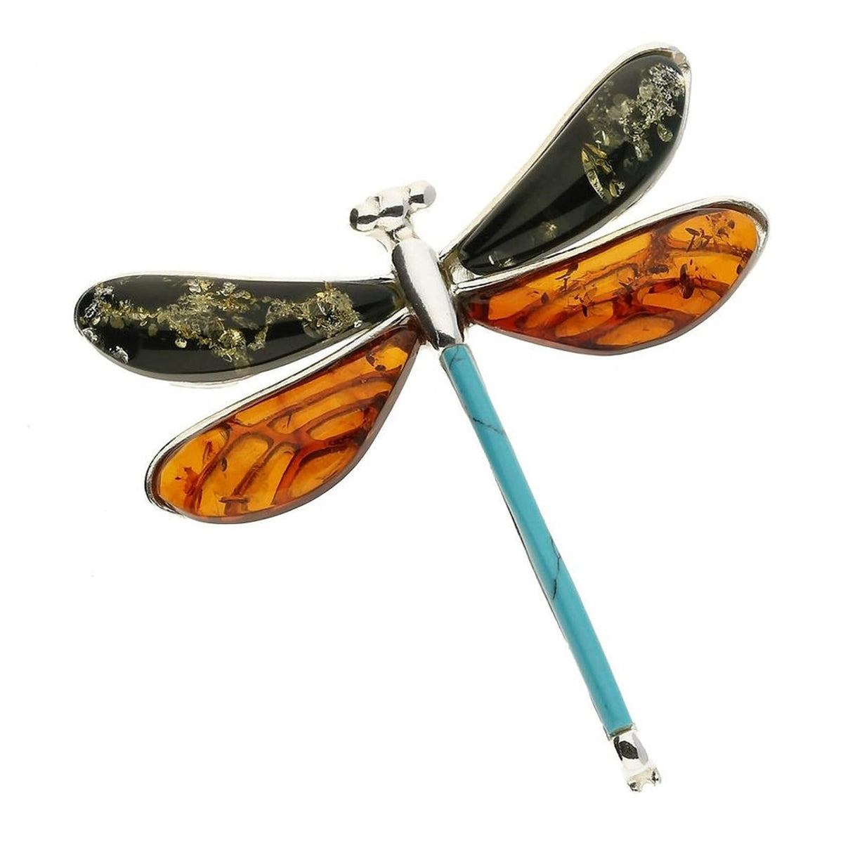 Dragonfly Sterling Silver Amber Turquoise Brooch Pin/Clip With Inlay Turquoise Vintage Style Brooch 060254