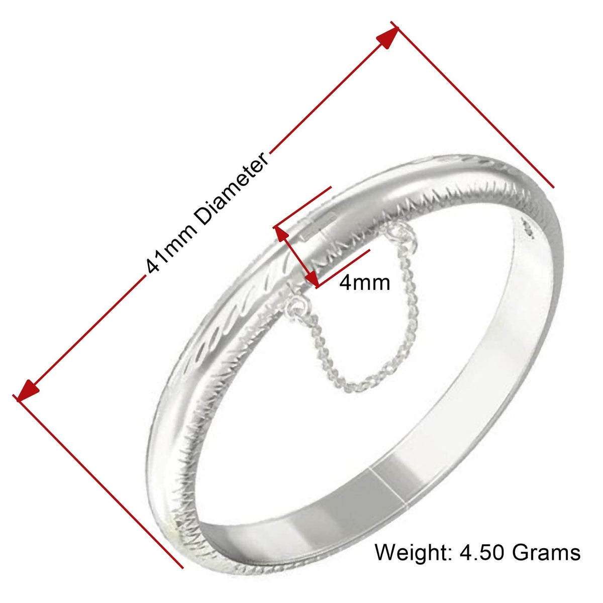 Diamond Cut Engraved/Etched Pattern Hinged Bangle Bracelet With Safety Chain for Baby/Chil 