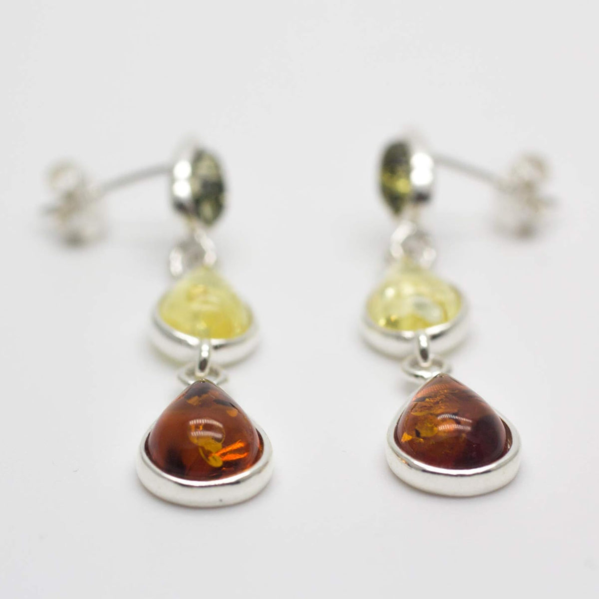 Amber Sterling Silver Earrings - Unusual Long Mixed Orange Yellow & Green Amber Fancy Dangly Drop 070405