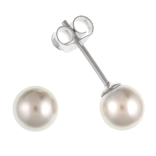 4MM White Simulated/Faux Pearl Stud Earrings/Ear Studs - 925 Sterling Silver