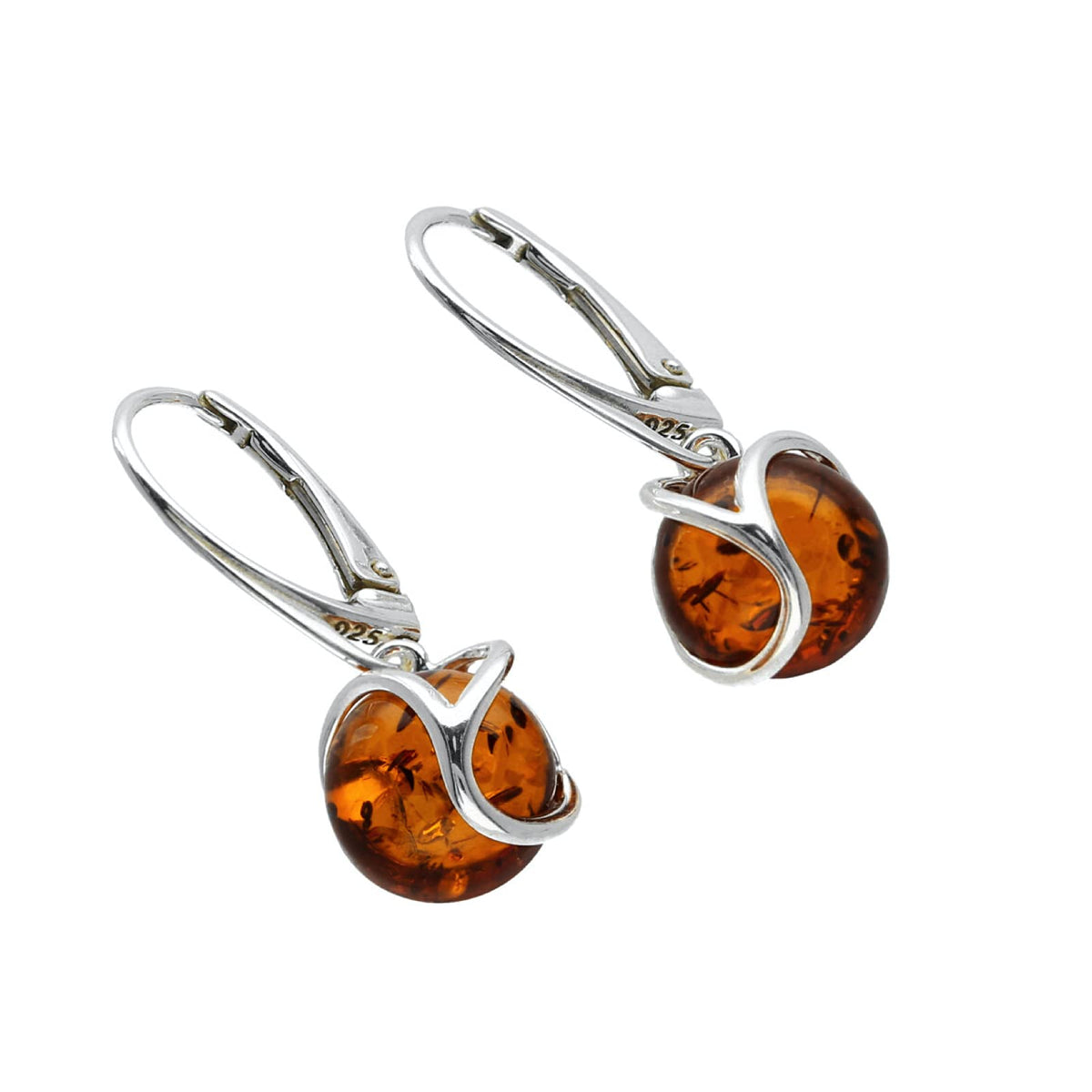 Swirl Overlay Circle Baltic Honey Amber Lever Back 925 Sterling Silver Earrings for Women/Ladies - Fancy Art Deco Cognac Amber Dangly/Dangle Drop Earrings. 070444