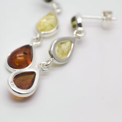 Amber Sterling Silver Earrings - Unusual Long Mixed Orange Yellow & Green Amber Fancy Dangly Drop 070405